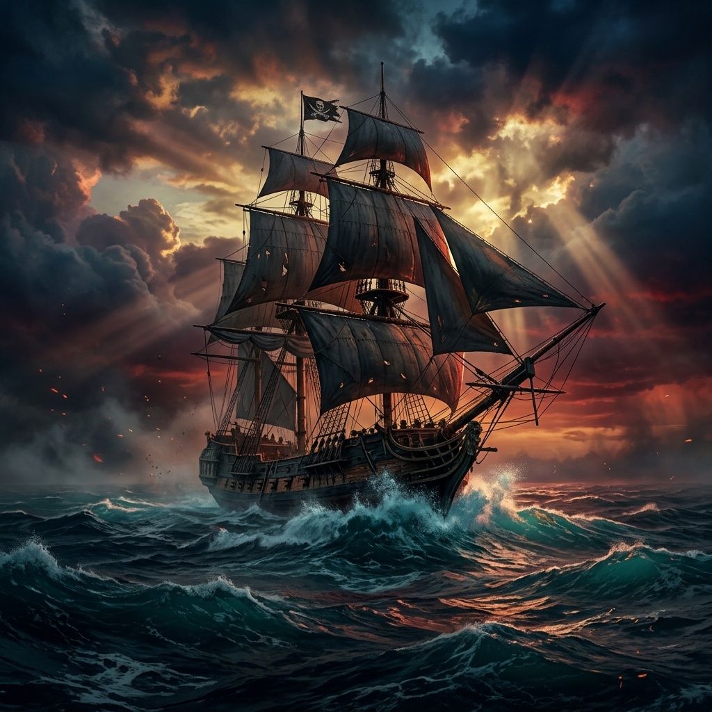 A lone pirate brig under full sail cutting through dark turquoise Caribbean swells at a stormy crimson-and-gold dusk.