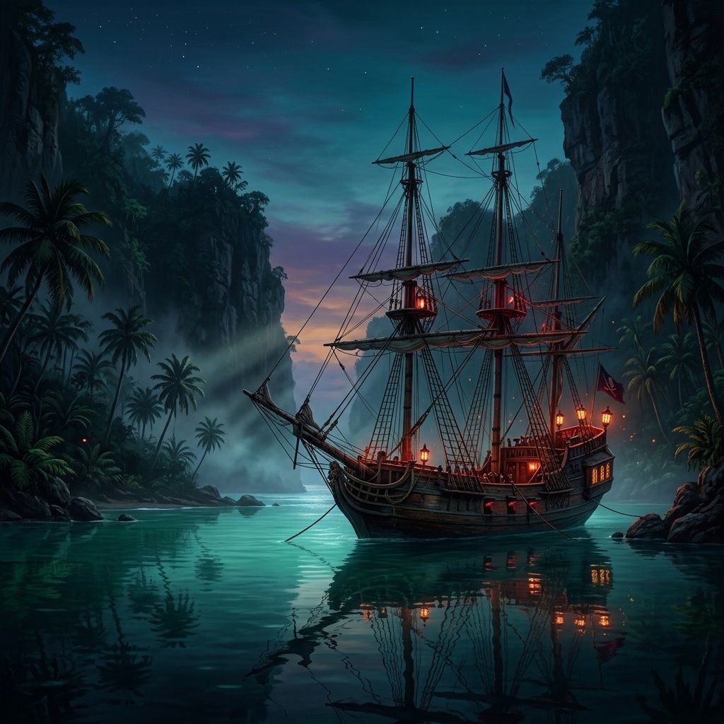 A pirate brig at anchor in a hidden jungle cove at twilight, lanterns glowing on deck over calm turquoise water.