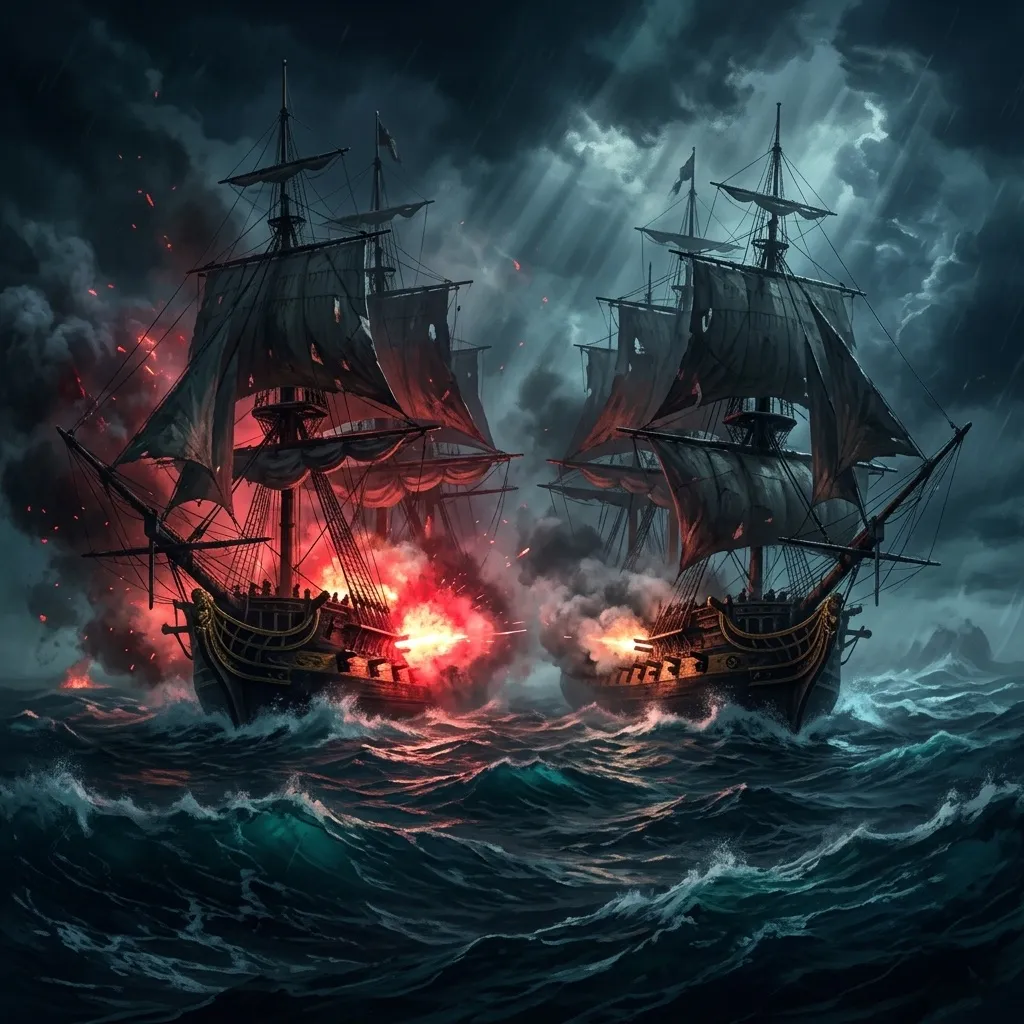 Two tall ships exchanging cannon fire on stormy seas.