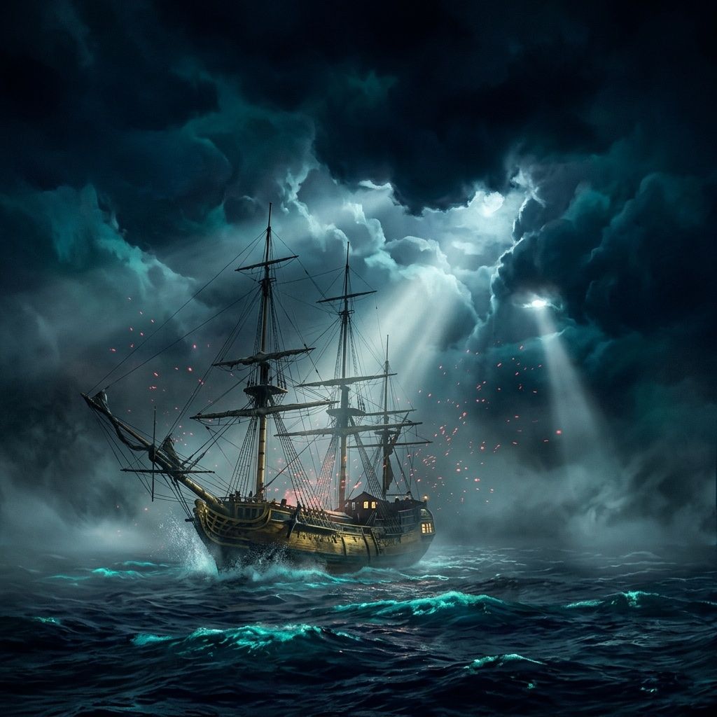 A tall ship emerging from sea mist under dramatic searchlight beams at night.