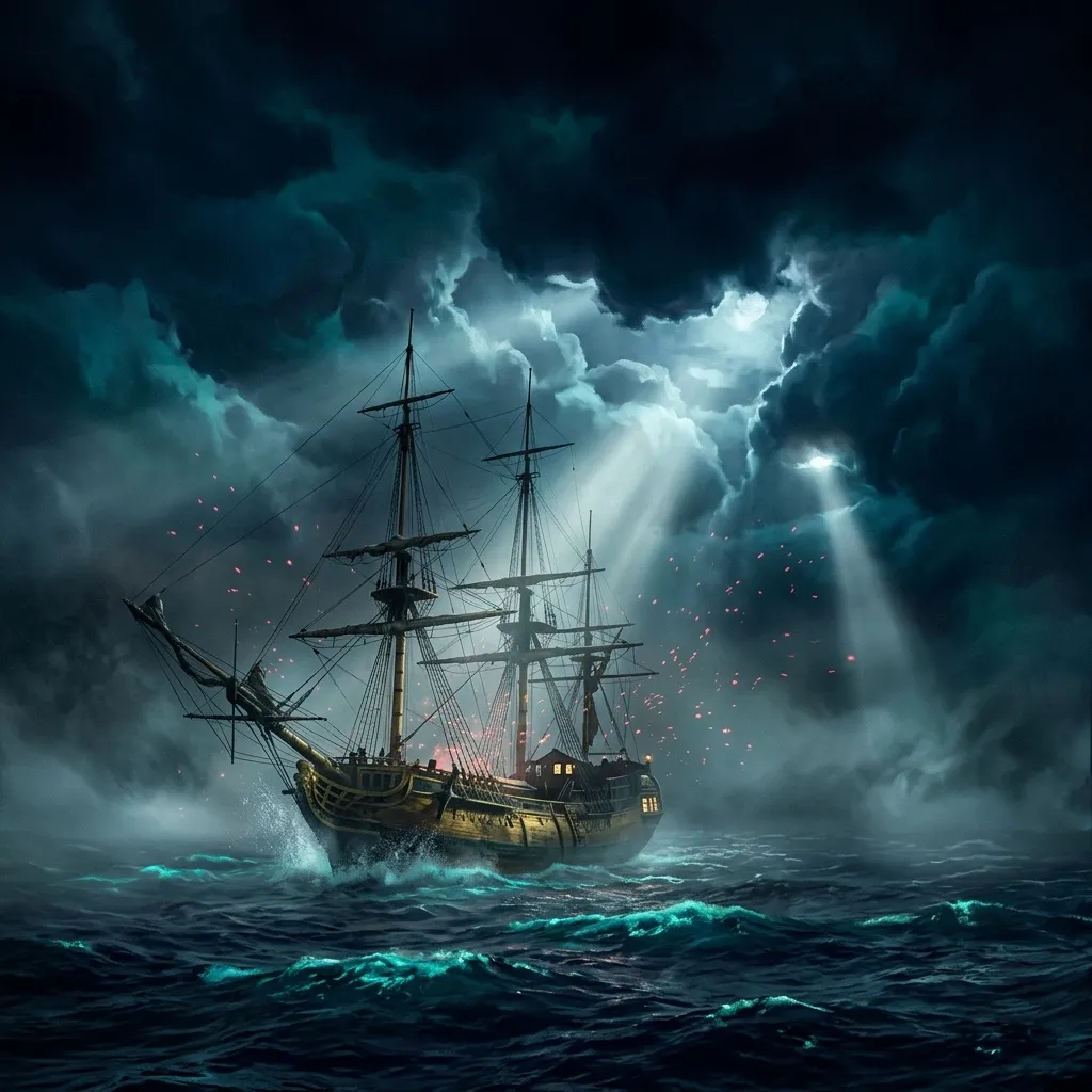 A tall ship emerging from sea mist at night under dramatic searchlight beams, an epic reveal scene.