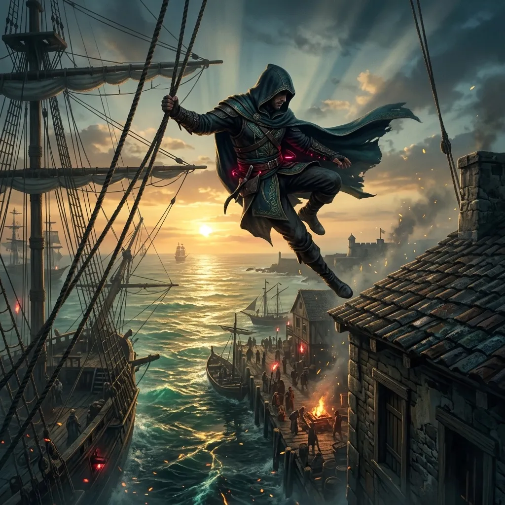 A figure vaulting between rigging and rooftops above water.