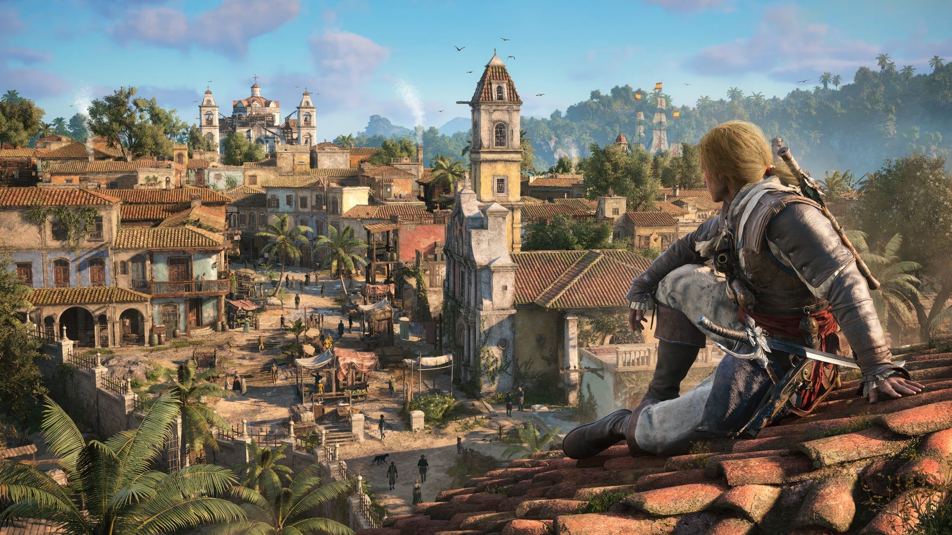 Edward Kenway looks over a busy Havana skyline from a rooftop in an official Black Flag Resynced screenshot.