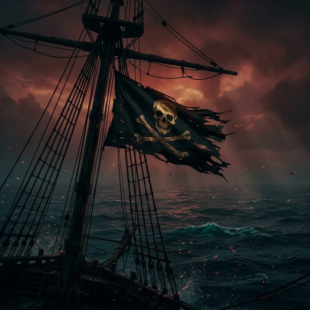 A tattered black pirate flag against a crimson dawn sky over the sea.