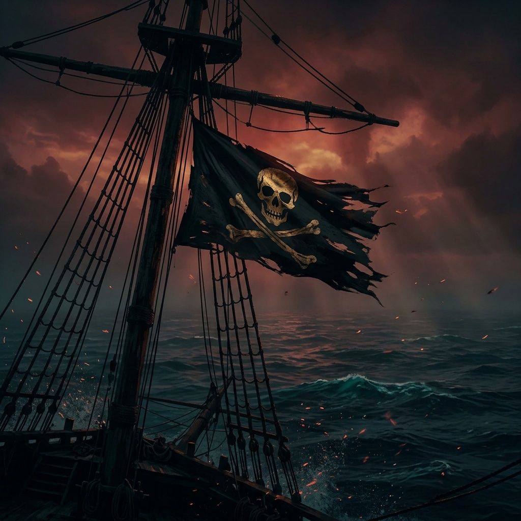 A tattered black pirate flag snapping on a ship's rigging against a brooding crimson dawn over the sea.