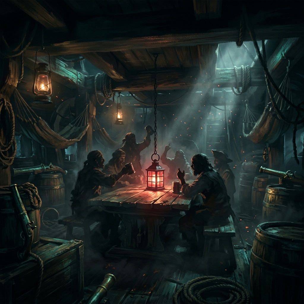 A warm lantern-lit ship's lower deck at night with silhouettes of a pirate crew gathered as if singing, dust and embers in the light beams.