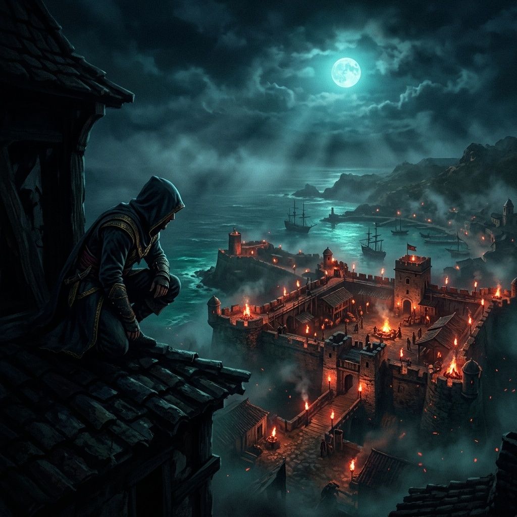 A hooded figure crouched low in deep shadow on a moonlit rooftop, overlooking a torch-lit colonial fort below.