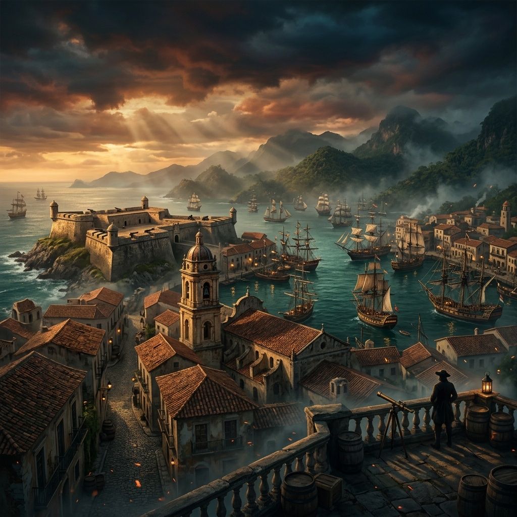 A golden-hour panorama of a colonial Caribbean port town with terracotta roofs, a fort and a harbor full of tall ships.