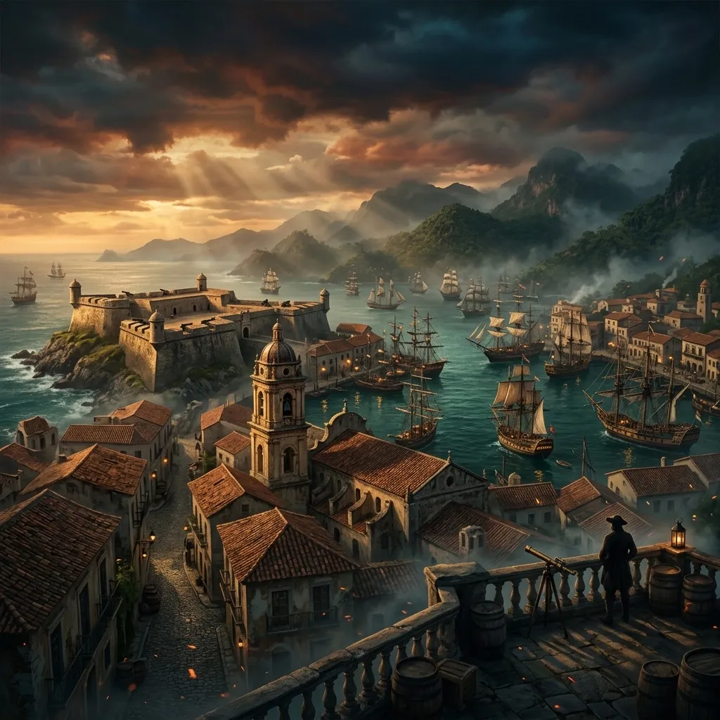 A golden-hour panorama of a colonial Caribbean port full of tall ships.