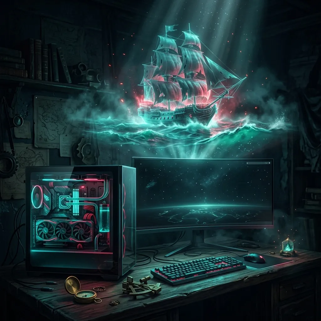 A high-end gaming PC glowing in a dark room with a holographic ship above it.