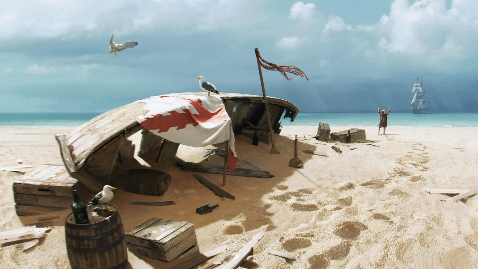 Official Ubisoft Black Flag Resynced shipwreck camp concept art.