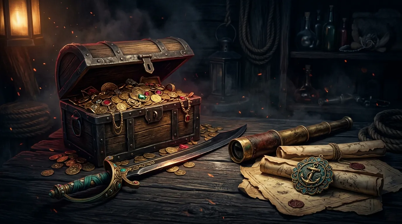 A pirate completionist's hoard — an open chest of gold coins, a cutlass, a spyglass and a medallion on dark ship's wood.