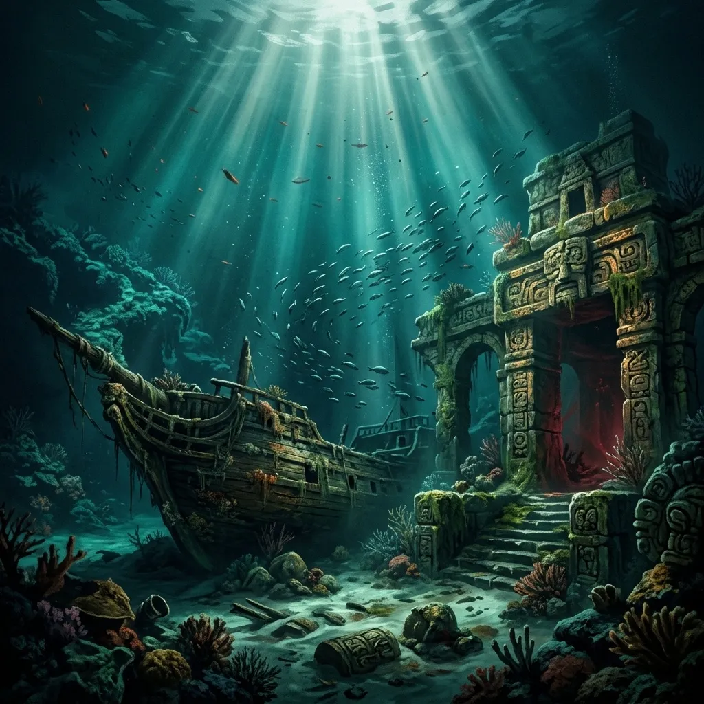 A sunlit underwater scene with a sunken wooden shipwreck and ancient stone ruins, shafts of light and floating particles in teal-green depths.