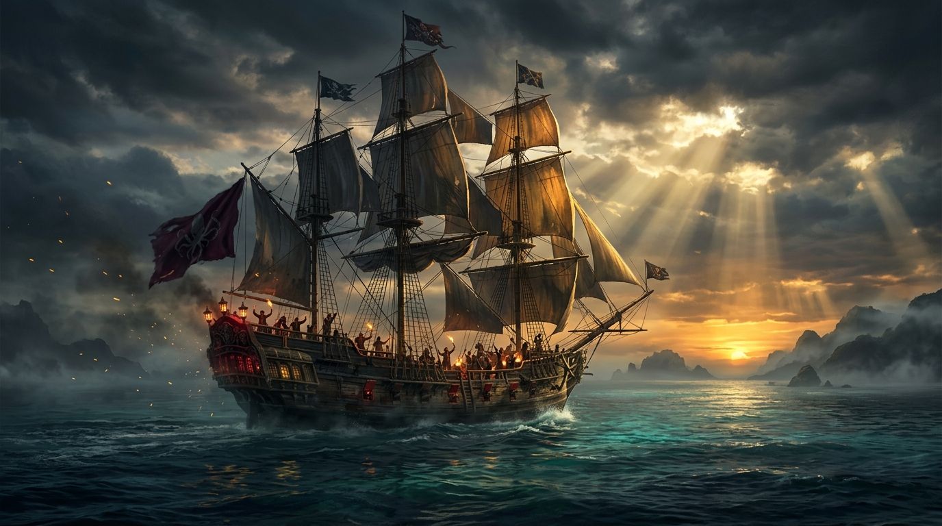 A grand tall-masted pirate warship sailing on a calm turquoise Caribbean sea at a radiant golden dawn.