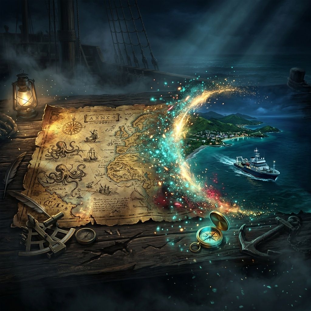 An old nautical map dissolving into glowing teal particles that reform into a crisp modern coastline.